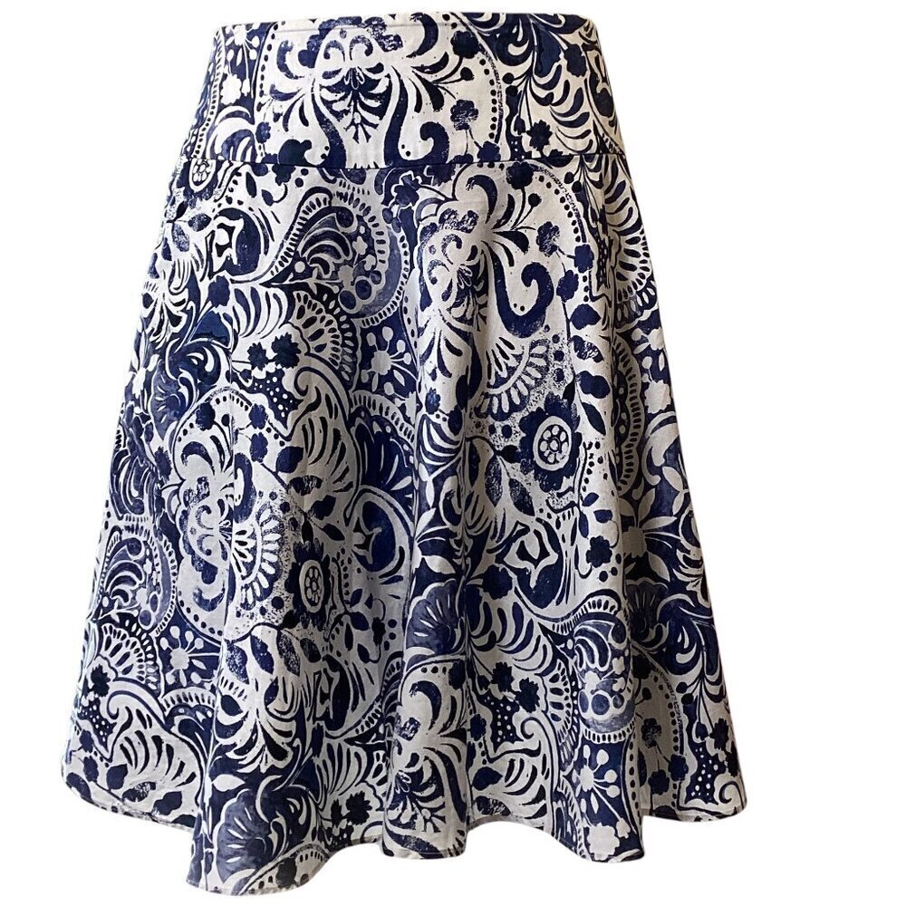 LRL Ralph Lauren Cotton Floral‎ Flare Skirt Sz 8P Blue & White #328F